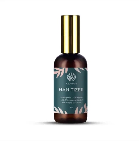 Hanitizer lemongrass and eucalyptus hand sanitizer — amber spray bottle with teal botanical label