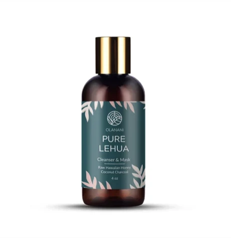 Pure Lehua cleanser and mask — amber bottle with teal botanical label