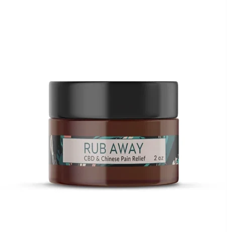 Rub Away CBD and Chinese pain relief salve — amber jar with teal botanical label
