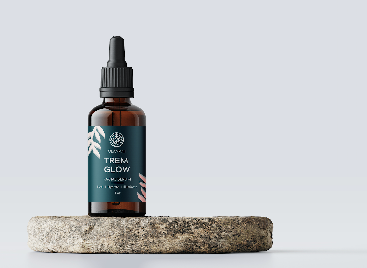 Refreshed facial serum on a stone — deep teal label with coral and sage botanical illustrations