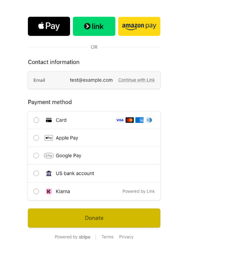 Stripe checkout — payment options including Apple Pay, Link, Amazon Pay, Card, Google Pay, US bank account, Klarna, and the branded yellow Donate button